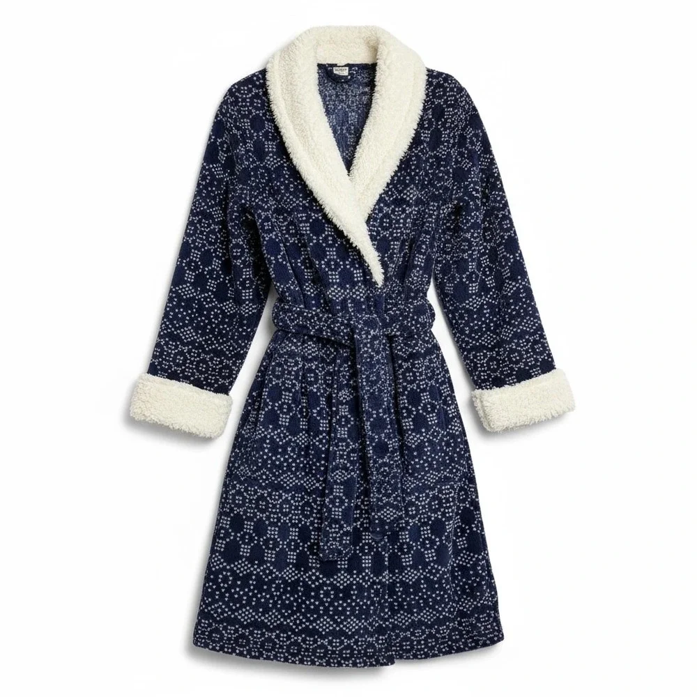 ULTA Cozy Plush Fair Isle Pattern Robe‎ Shawl Collar Belted Blue S/M